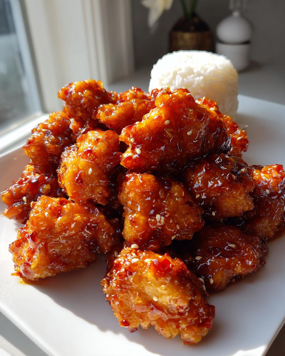 Close-up of crispy, glazed orange chicken pieces sprinkled with sesame seeds, served with a side of white rice.