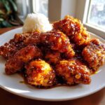 Close-up of crispy orange chicken recipe pieces coated in sticky sauce and sesame seeds, served with a side of white rice.