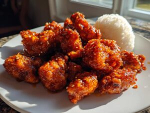 Close-up of crispy orange chicken pieces coated in a glossy sauce, served with a side of white rice.