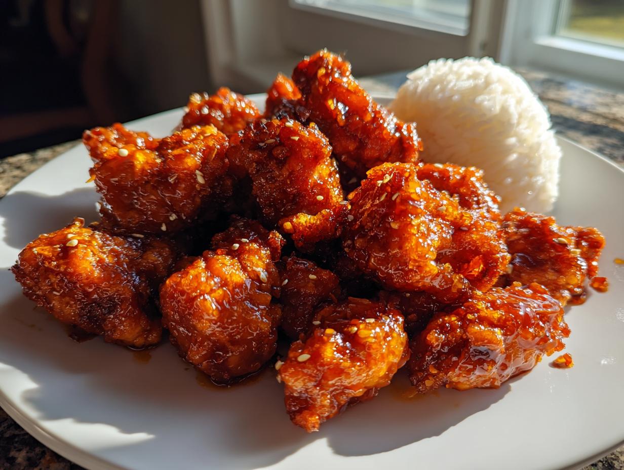 Close-up of crispy orange chicken pieces coated in a glossy sauce, served with a side of white rice.