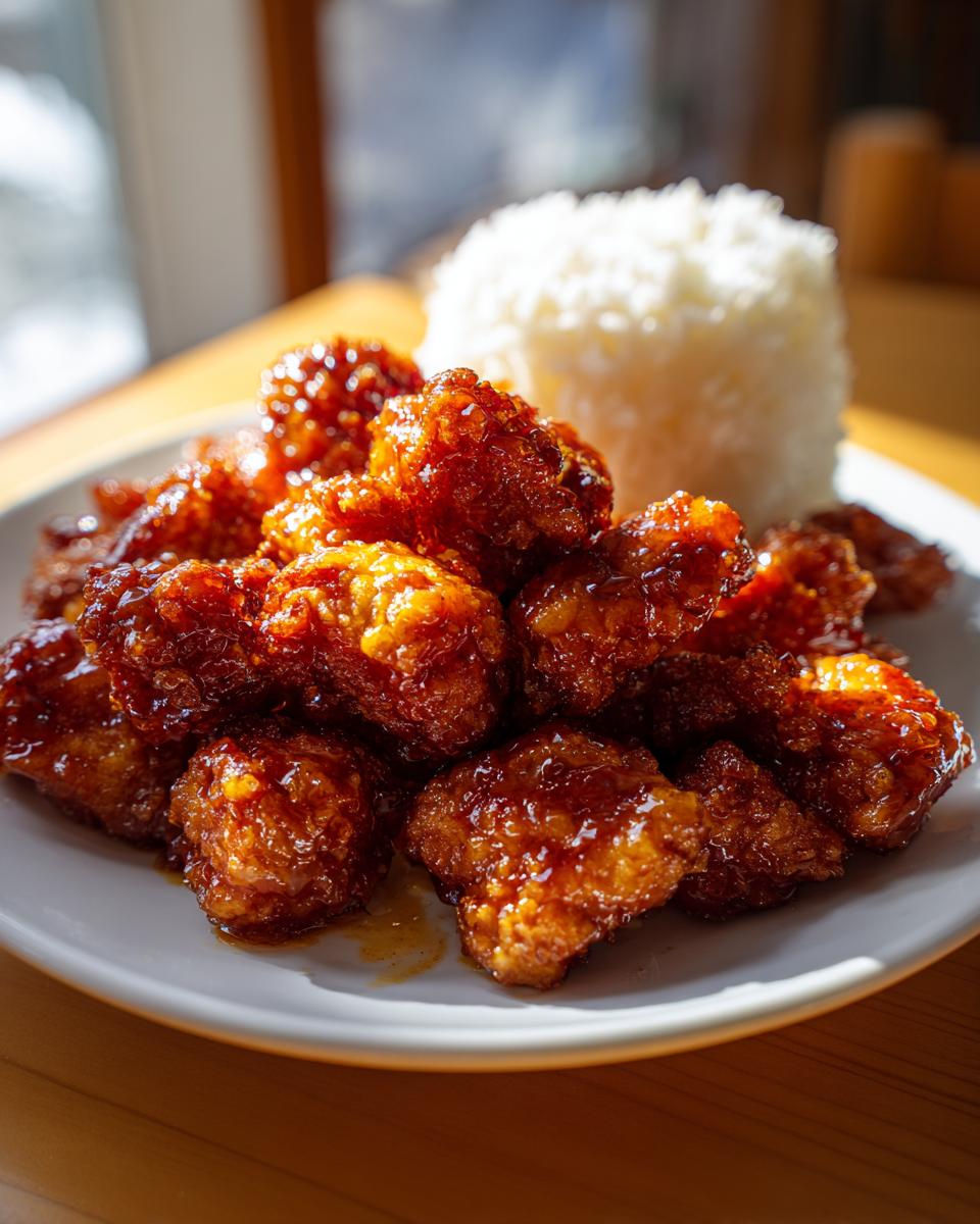 Close-up of crispy, glazed orange chicken recipe pieces served alongside a mound of white rice on a white plate.