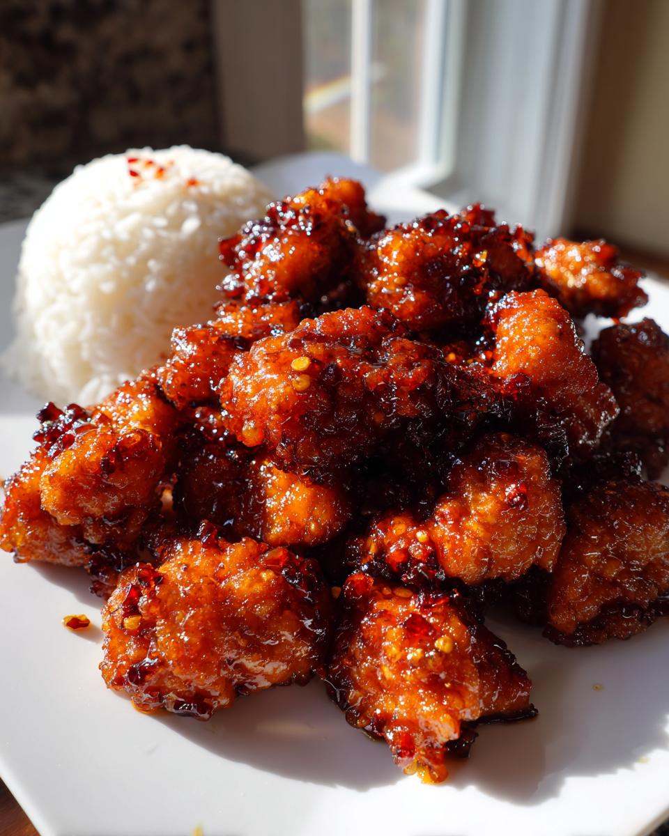 Close-up of crispy orange chicken recipe pieces coated in a glossy, dark orange sauce, served next to a mound of white rice.