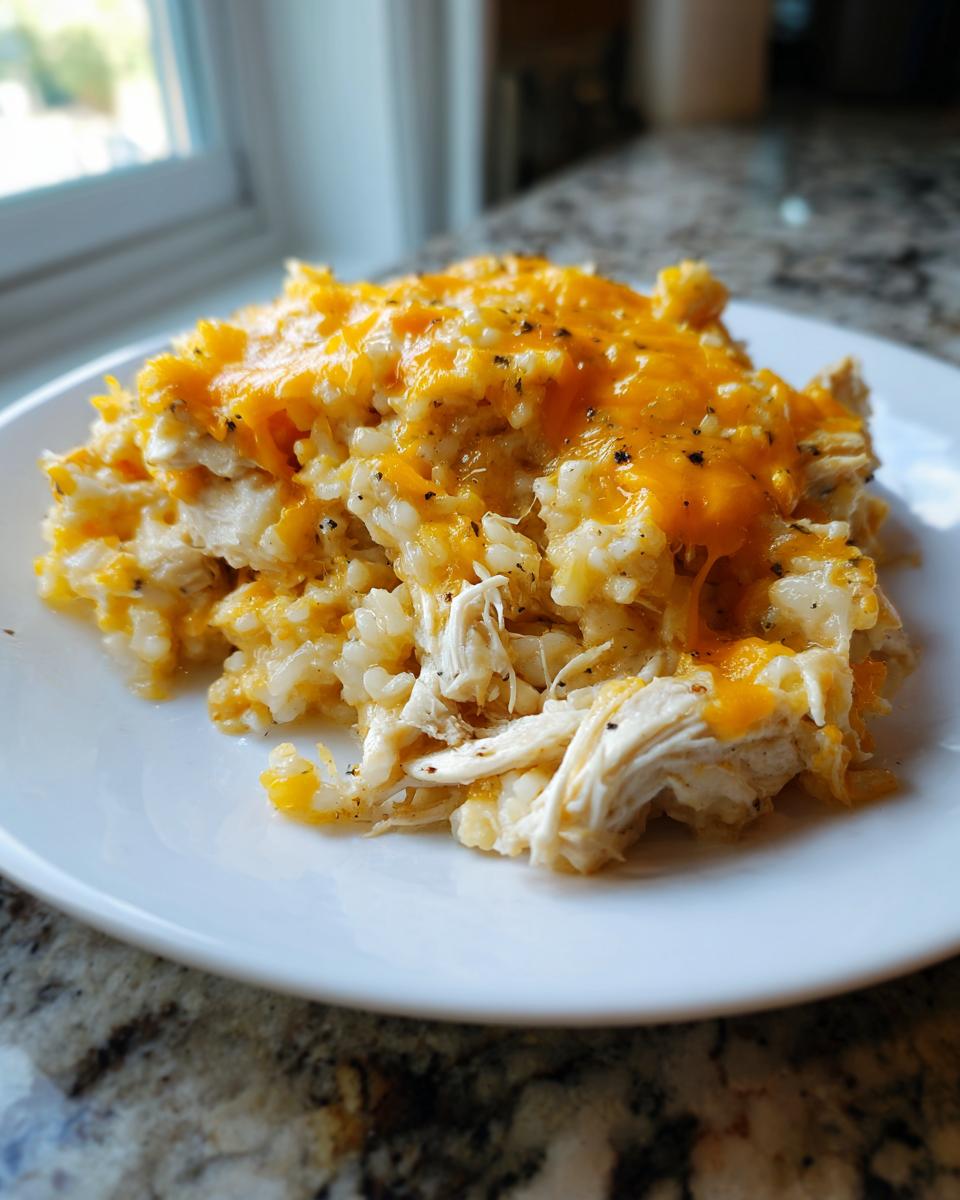 A serving of creamy crock pot chicken and rice topped with melted cheddar cheese on a white plate.
