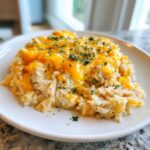 A close-up of a serving of creamy crock pot chicken and rice topped with melted cheddar cheese and fresh parsley.
