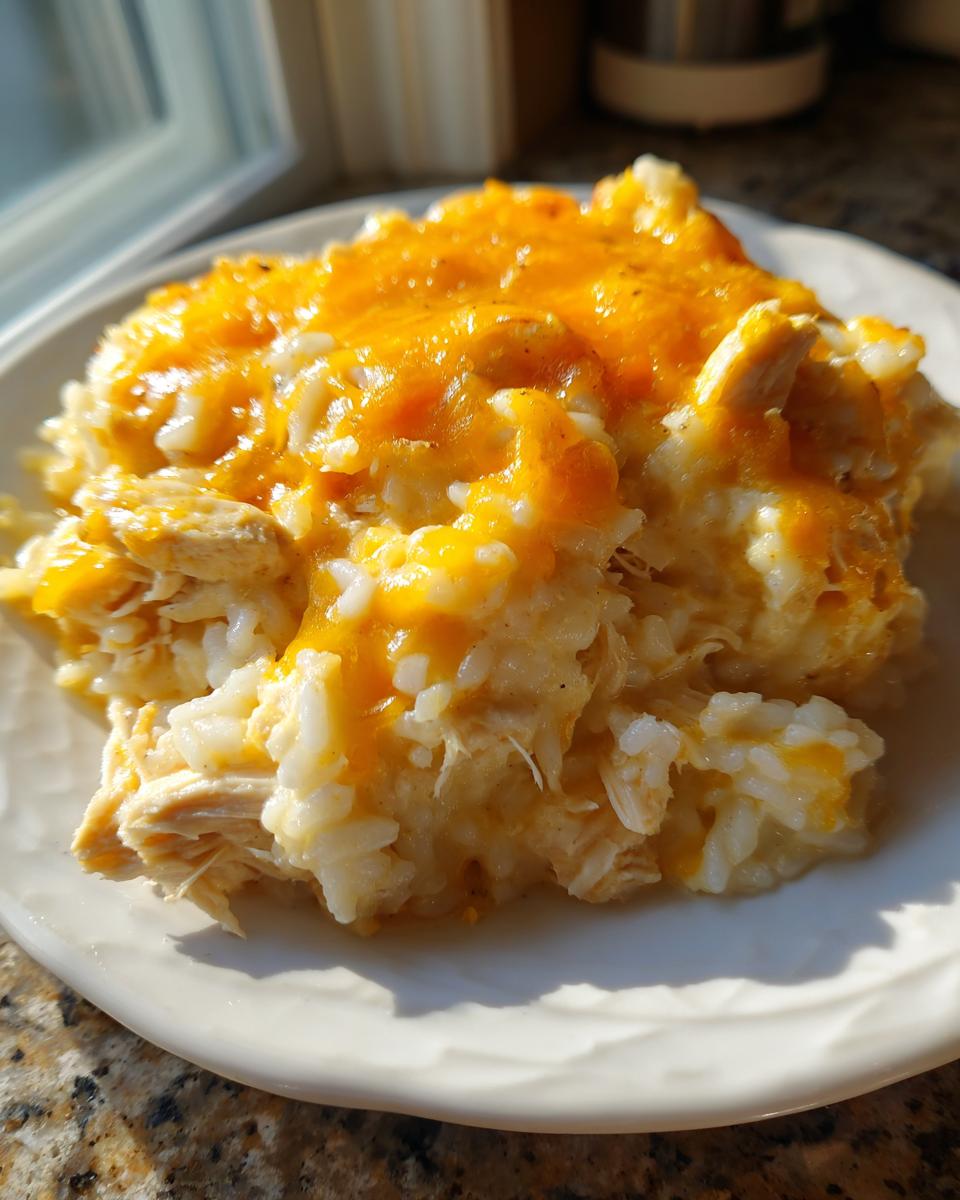 A portion of creamy crock pot chicken and rice topped generously with melted cheddar cheese on a white plate.