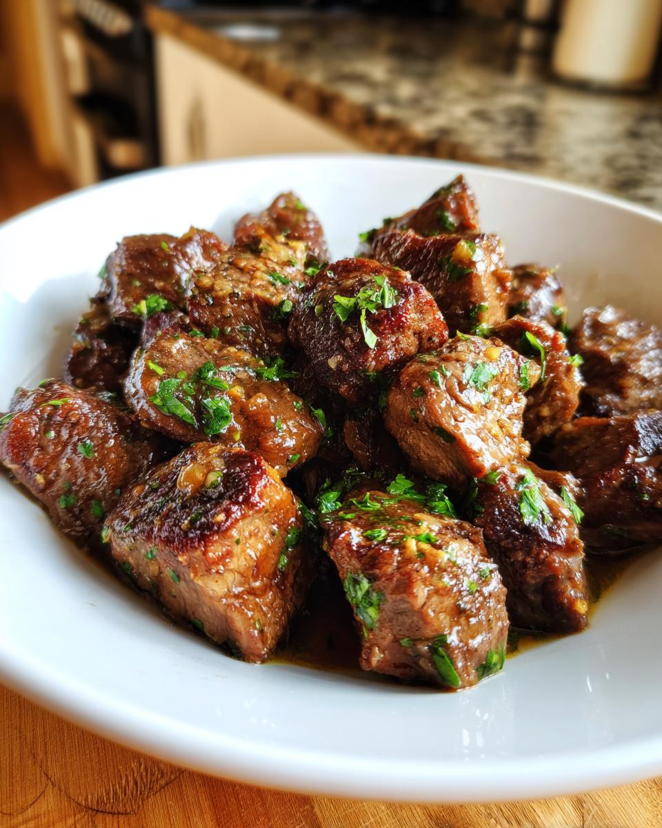 Close-up of tender, cubed crockpot steak bites coated in sauce and garnished with fresh parsley in a white bowl.