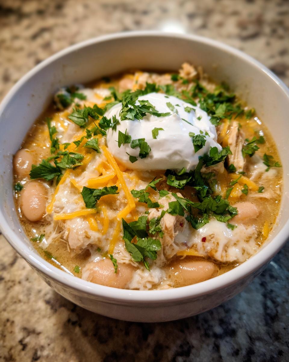 A close-up of a bowl of creamy crockpot white chicken chili topped with melted cheese, sour cream, and fresh cilantro.