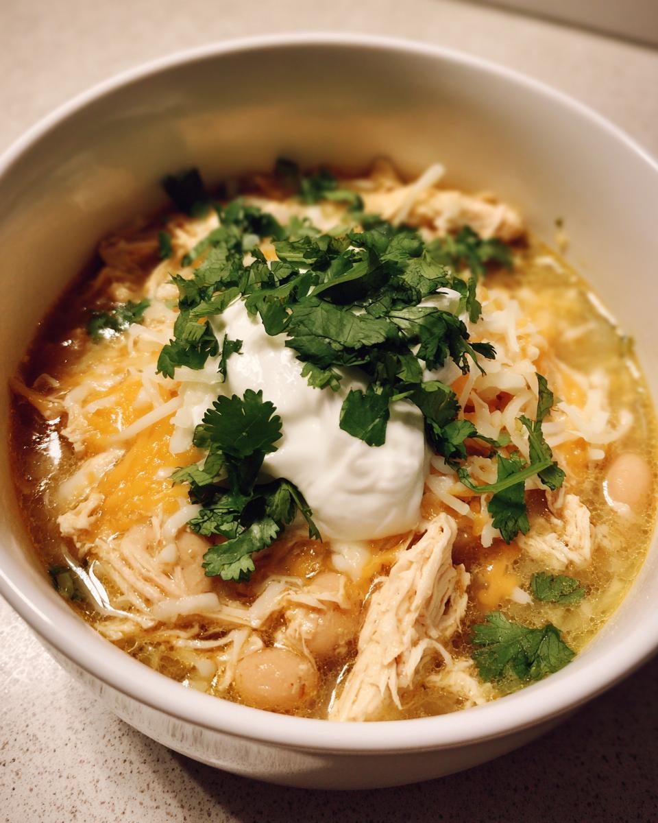 A close-up of a bowl of crockpot white chicken chili topped with shredded cheese, sour cream, and fresh cilantro.