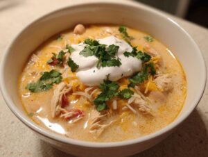 A close-up of a bowl of creamy crockpot white chicken chili topped with shredded cheese, sour cream, and fresh cilantro.