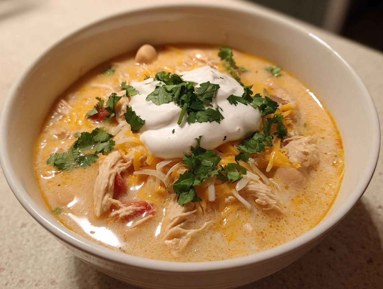 A close-up of a bowl of creamy crockpot white chicken chili topped with shredded cheese, sour cream, and fresh cilantro.