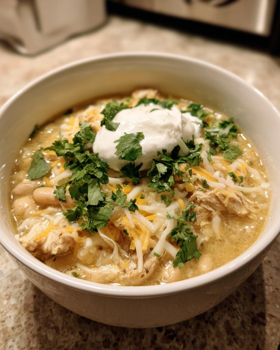 A close-up of a white bowl filled with crockpot white chicken chili, topped with shredded cheese, cilantro, and sour cream.