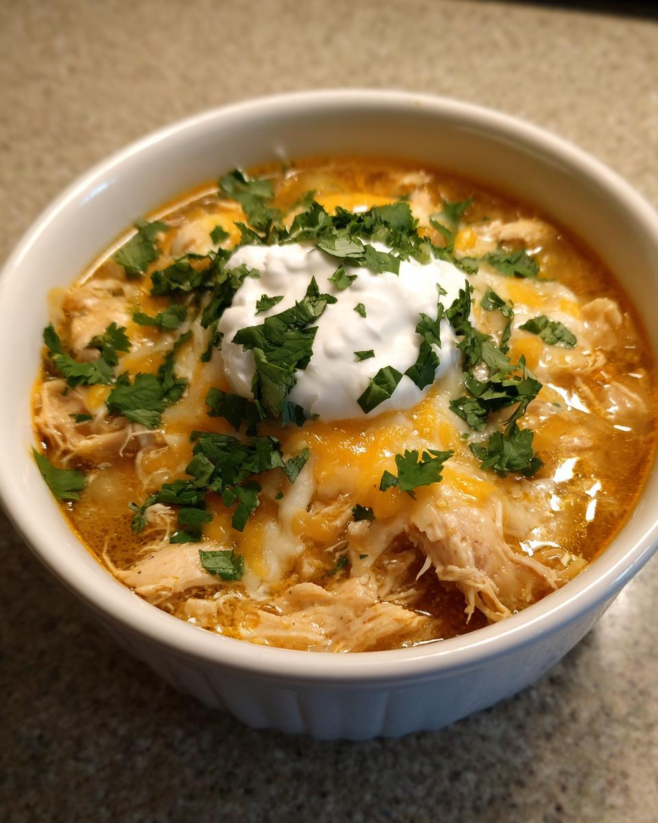 A close-up of a white bowl filled with crockpot white chicken chili, topped with melted cheese, sour cream, and fresh cilantro.