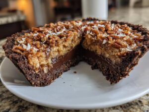 A cross-section view of the amazing 2-Way german chocolate pie showing a rich chocolate layer and a coconut-pecan topping.