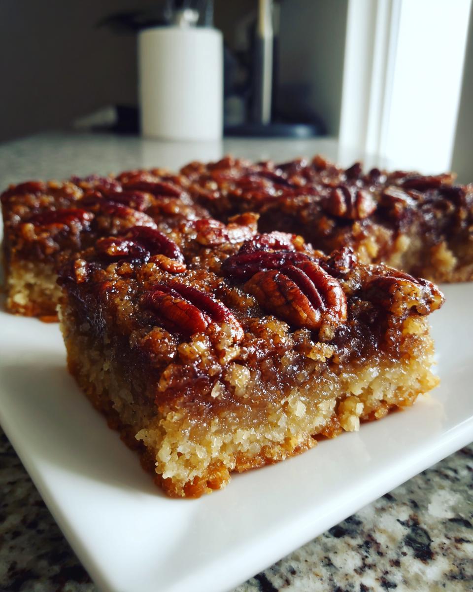 A close-up of a freshly cut square of pecan pie bars showing the buttery crust and sticky, pecan-topped filling.