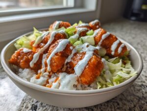 A close-up of a buffalo chicken bowl featuring orange sauced chicken pieces over rice, topped with ranch and shredded lettuce.