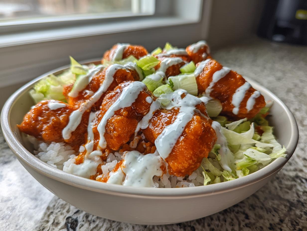 A close-up of a buffalo chicken bowl featuring orange sauced chicken pieces over rice, topped with ranch and shredded lettuce.