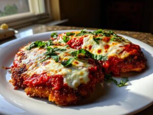 Two golden-brown breaded cutlets topped with bright red sauce, melted mozzarella, and fresh basil, representing the chicken parmesan recipe.