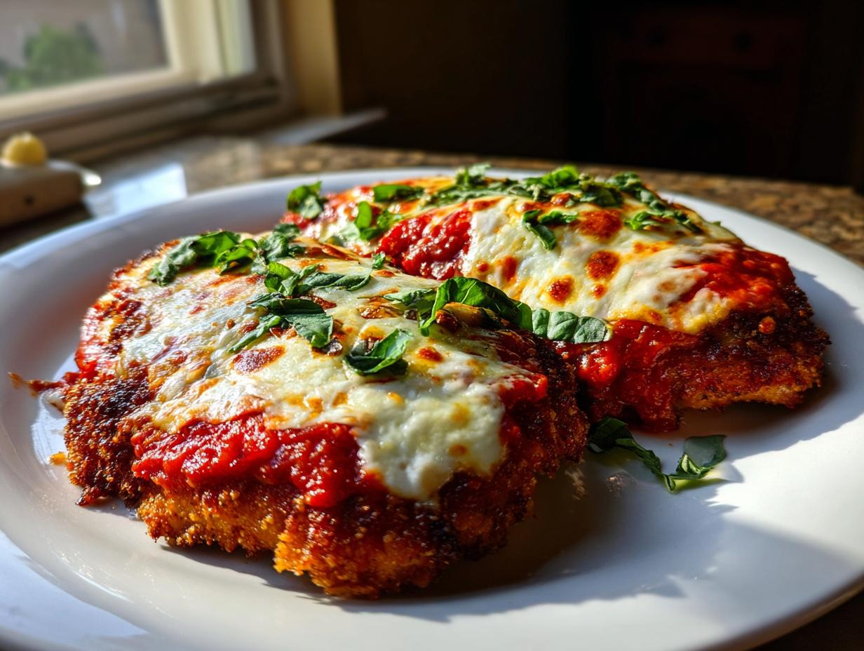 Two golden-brown breaded cutlets topped with bright red sauce, melted mozzarella, and fresh basil, representing the chicken parmesan recipe.