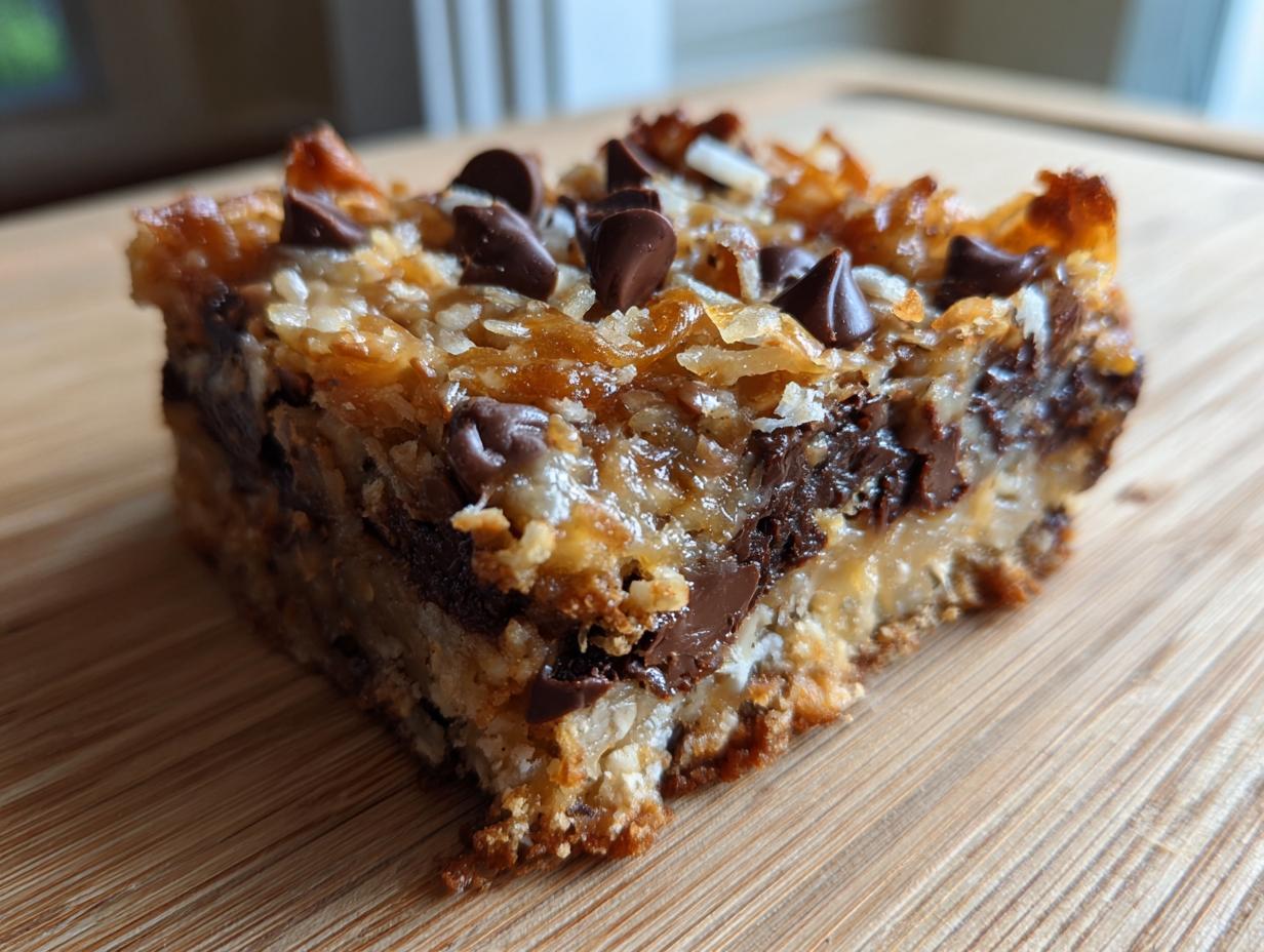 A close-up, featured image of a single, thick slice of chewy magic cookie bars topped with melted chocolate chips and toasted coconut.