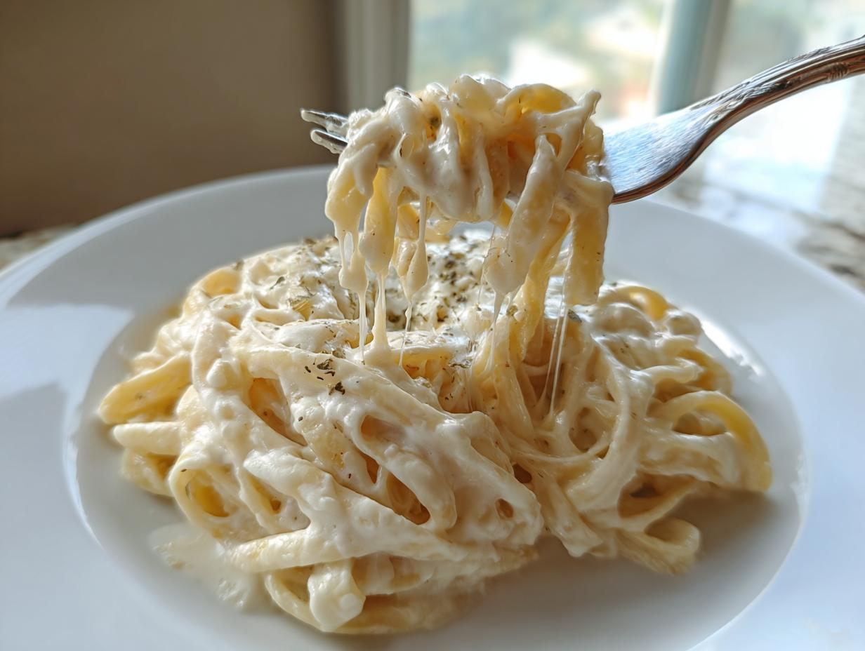 A fork lifting fettuccine noodles coated in rich homemade alfredo sauce, showing a cheese pull.