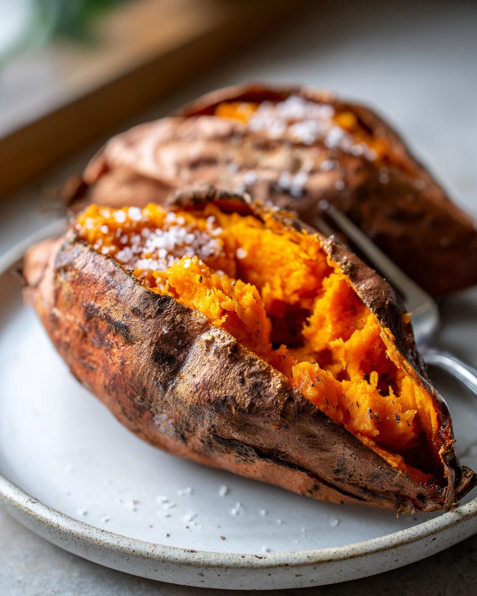 Close-up of a perfectly baked sweet potatoes, split open and topped with coarse sea salt.