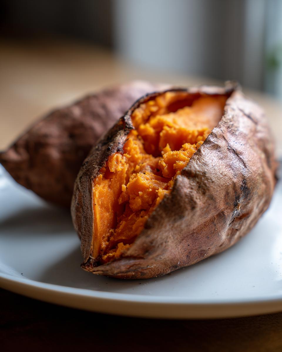 Close-up of a perfectly baked sweet potatoes split open, revealing bright orange, fluffy interior.