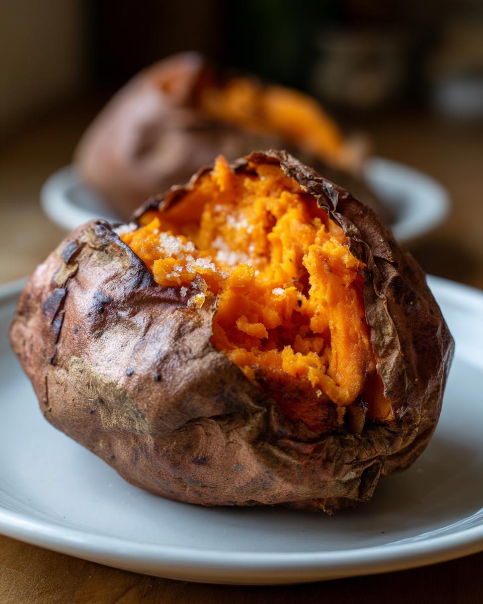 Close-up of a fluffy baked sweet potatoes, split open and topped with coarse salt.