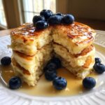 A stack of fluffy greek yogurt pancakes cut open to show the texture, topped with syrup and fresh blueberries.