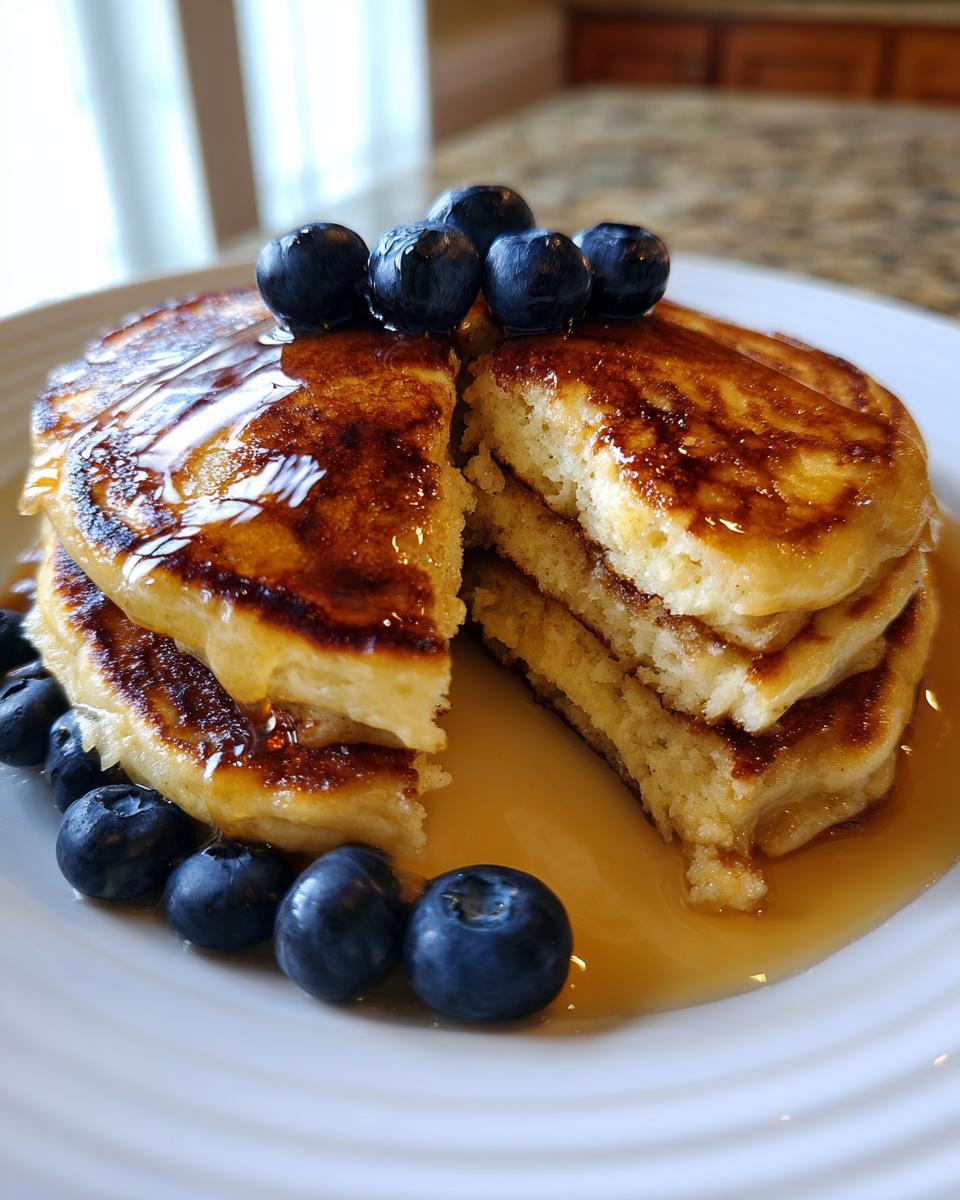 A stack of fluffy greek yogurt pancakes, cut open to show the texture, drizzled with syrup and topped with fresh blueberries.