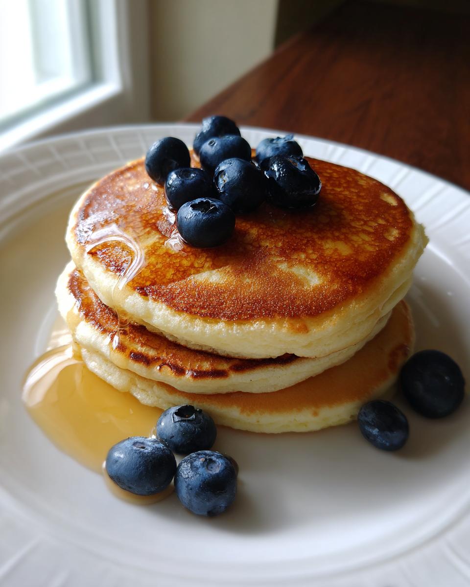 A stack of three golden brown greek yogurt pancakes topped with fresh blueberries and drizzled with syrup.