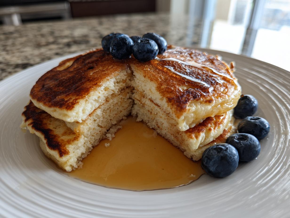 A stack of fluffy greek yogurt pancakes cut in half, drizzled with syrup and topped with fresh blueberries.