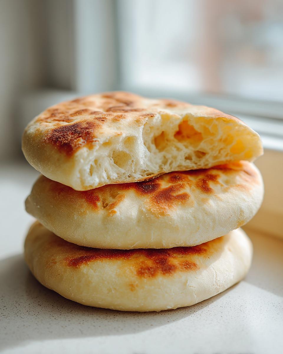 A stack of three freshly cooked, fluffy pita bread pockets, one broken open to show the airy interior.
