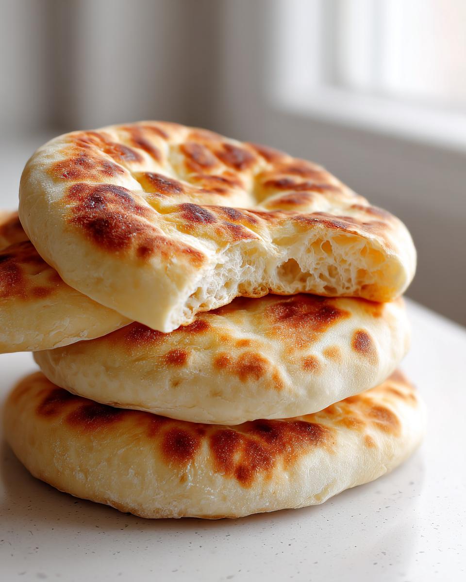 A stack of three fluffy homemade pita bread pockets, one on top broken open to show the soft interior.