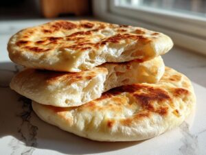A stack of three golden-brown, fluffy homemade pita bread pockets showing the soft interior texture.