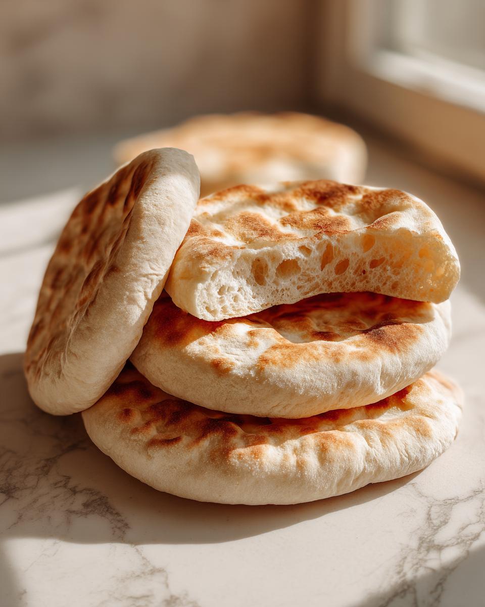 A stack of freshly baked, fluffy pita bread, with one piece broken open to show the soft interior.