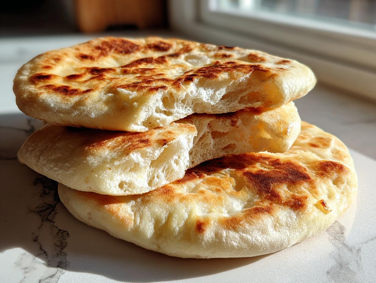 A stack of three golden-brown, fluffy homemade pita bread pockets showing the soft interior texture.