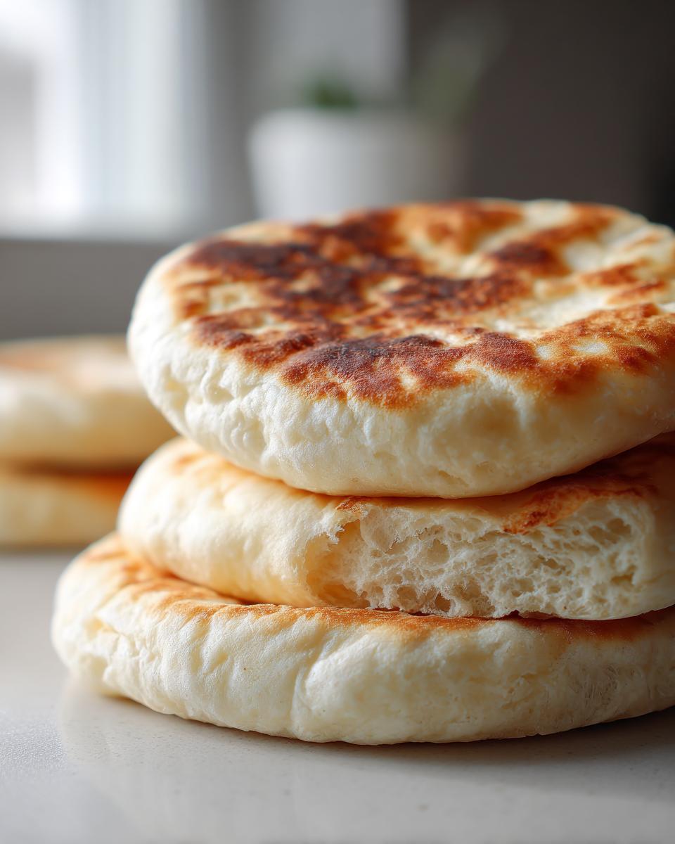 A close-up stack of three fluffy, freshly cooked pita bread rounds with golden-brown charred spots.