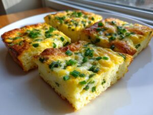 Four square slices of fluffy sheet pan eggs, baked golden brown and topped with fresh green chives, served on a white plate.