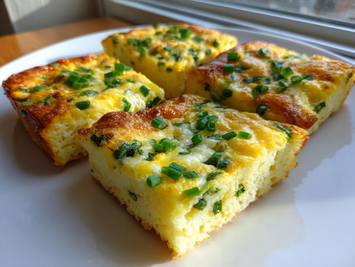 Four square slices of fluffy sheet pan eggs, baked golden brown and topped with fresh green chives, served on a white plate.