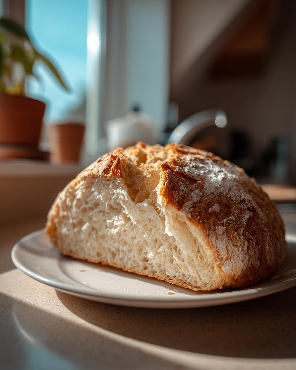 A rustic loaf of homemade soda bread, cut in half to show the soft interior, resting on a white plate.