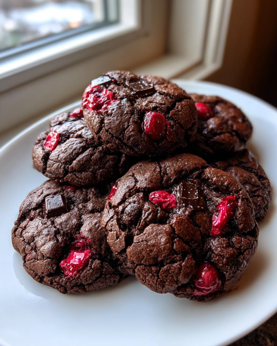 A stack of rich, fudgy chocolate cherry cookies studded with bright red cherries and chocolate chunks, resting on a white plate.