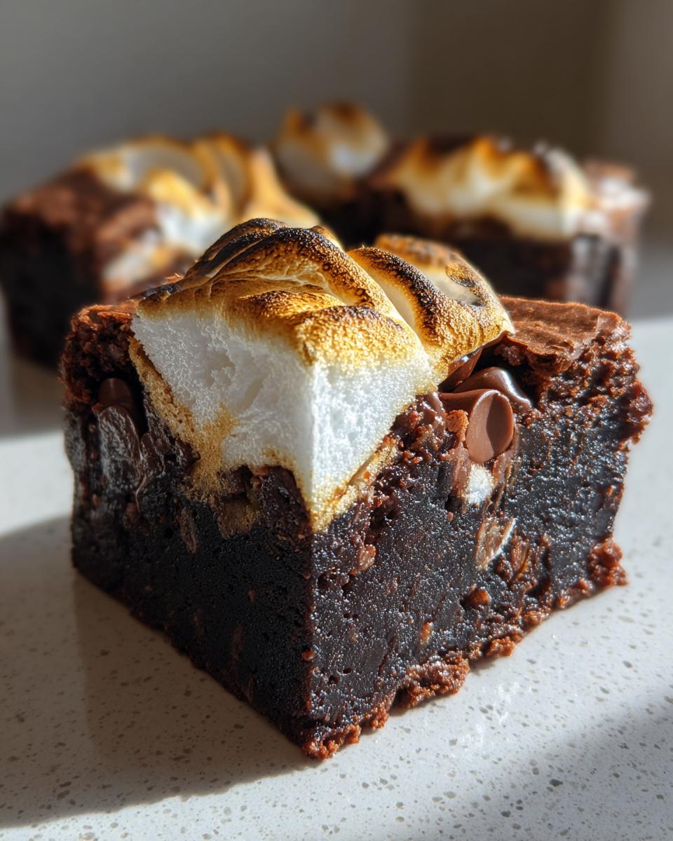 Close-up of a fudgy hot chocolate brownie topped with a piece of perfectly toasted marshmallow.