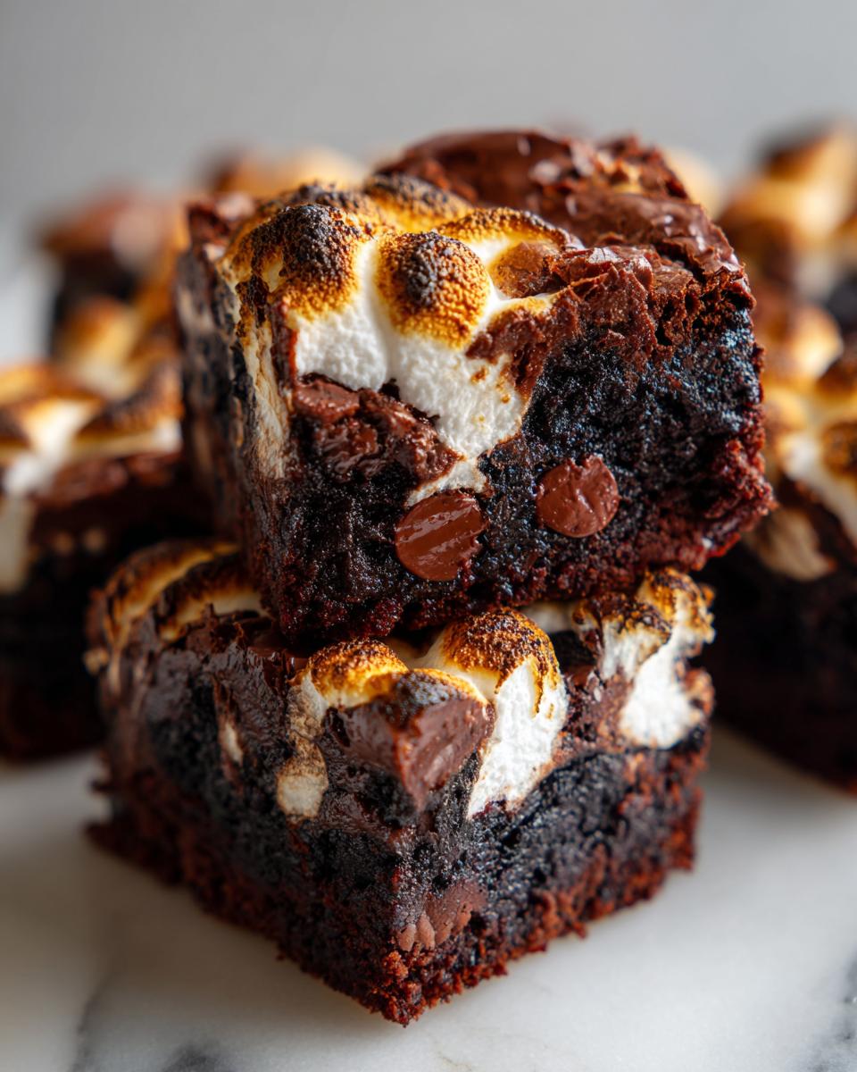 Close-up of two stacked, fudgy hot chocolate brownies topped with perfectly toasted marshmallows and chocolate chips.