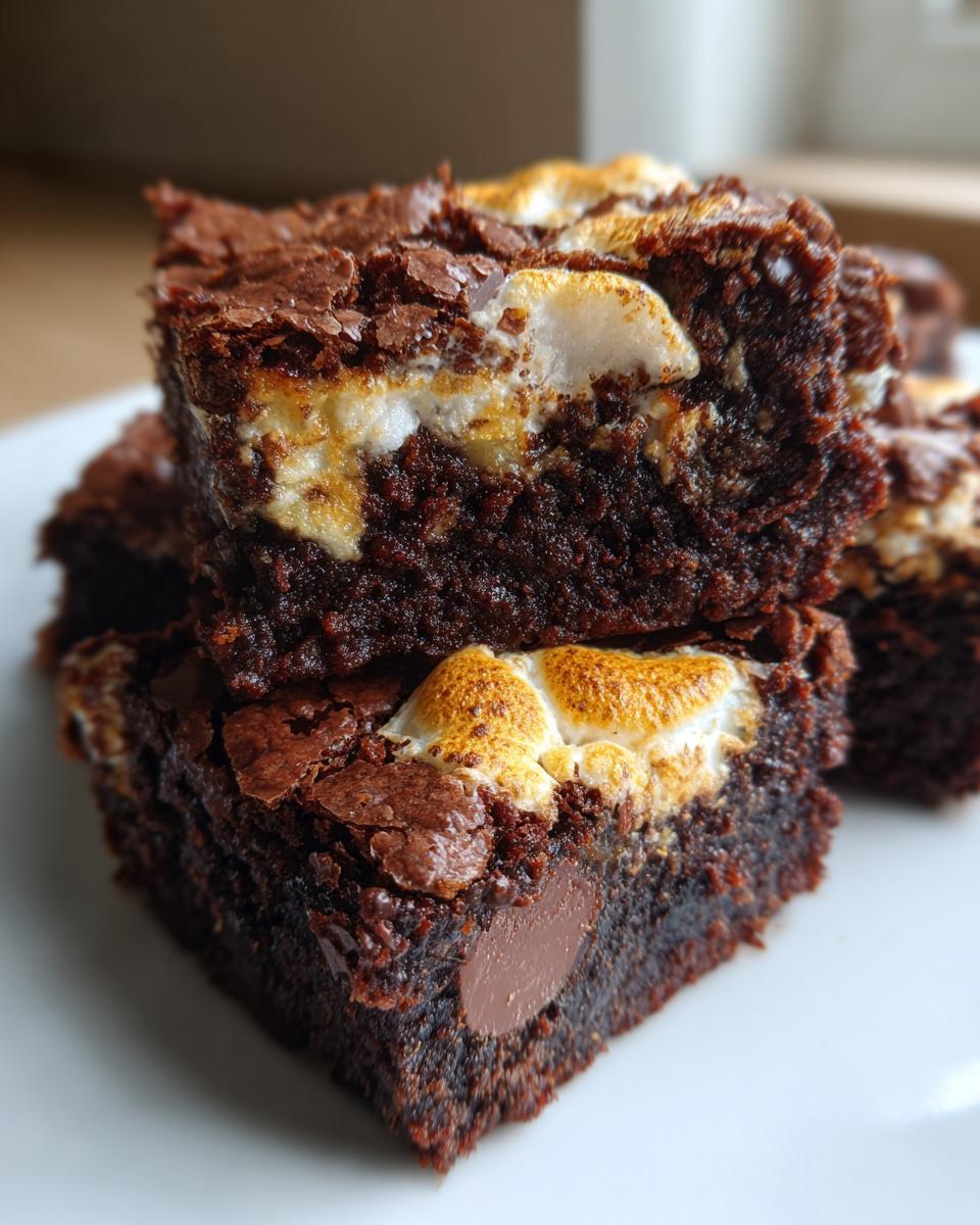 Close-up of stacked, fudgy hot chocolate brownies topped with toasted marshmallows and chocolate chips.