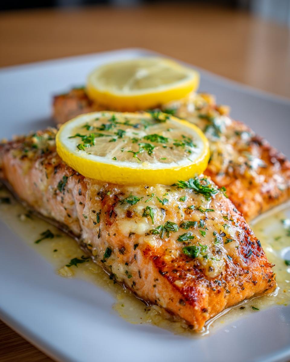 Close-up of a perfectly cooked garlic butter salmon recipe fillet topped with melted butter, herbs, and a fresh lemon slice.