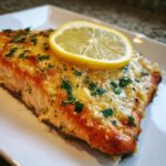 Close-up of a perfectly cooked garlic butter salmon recipe fillet topped with melted cheese, parsley, and a lemon slice.