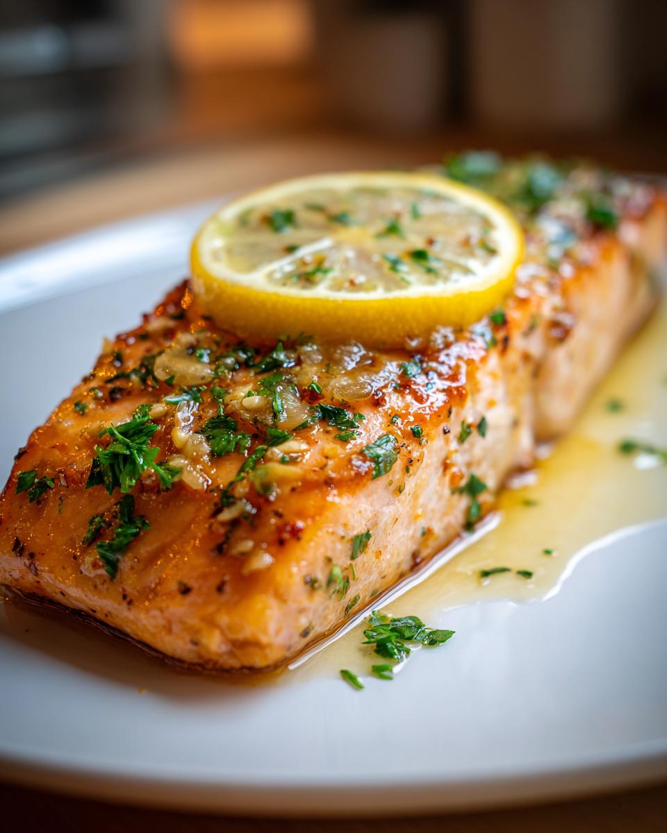 Close-up of a perfectly cooked garlic butter salmon recipe fillet topped with a lemon slice and fresh parsley.