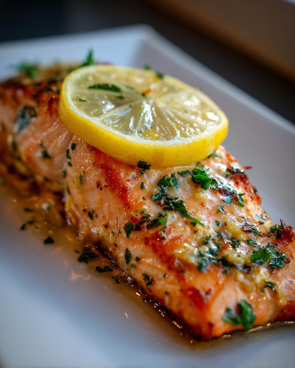 Close-up of a perfectly cooked garlic butter salmon recipe fillet topped with fresh parsley and a lemon slice.