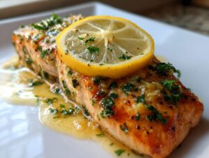 Close-up of a perfectly cooked salmon recipe fillet topped with garlic butter sauce, parsley, and a fresh lemon slice.