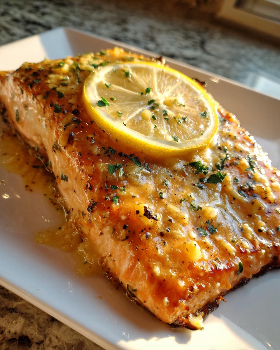 Close-up of a perfectly cooked garlic butter salmon recipe fillet topped with a lemon slice and parsley.